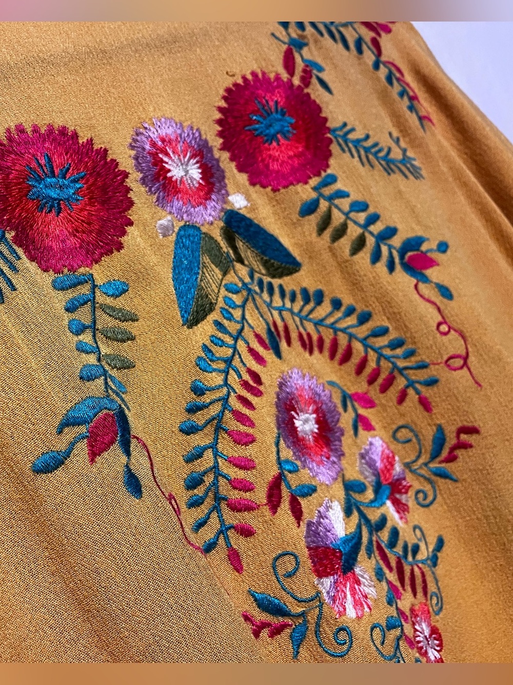 Umgee Mustard Yellow Floral Embroidered Kimono Cardigan M/L Oversized Boho Artsy - Picture 10 of 16